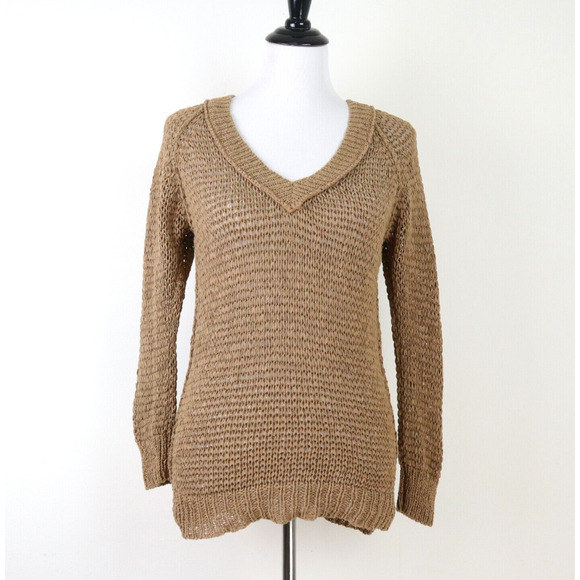Club Monaco Size XS Open Chunky Knit V Neck Pullover Sweater Tan - Picture 2 of 9